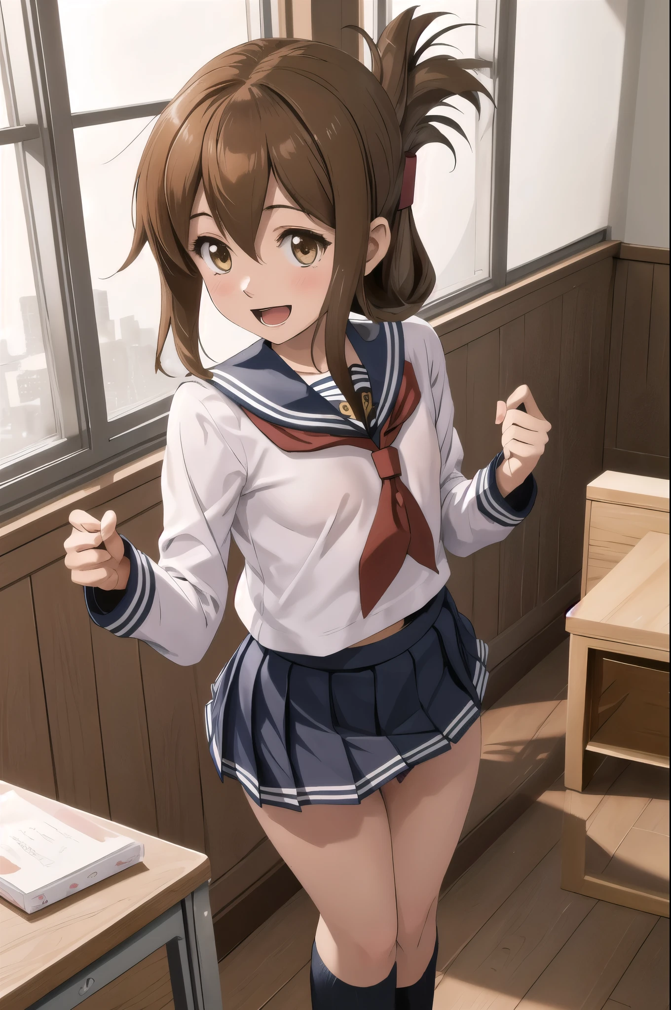 Highest quality, masterpiece, High resolution, alone, {inazuma_Kantai Collection}, brown_hair, Folded_ponytail, brown_eye, length_hair, Open_mouth, smile, School_uniform,skirt,Pleats_skirt,((Flat Chest, Small breasts)),navel,  (panties), (In underwear), (lingerie), (indoor, office, living room), skirtリフト,((nsfw))