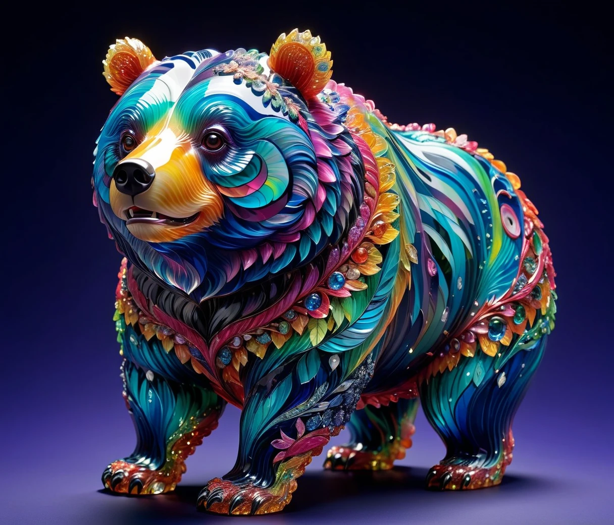 gl4ssj3m, (cute, Obese, male, bear), A detailed and vibrant transparent glass sculpture, in a fantastical landscape with vibrant colors and intricate details, done by artists such as Ruan Jia, (((indigo background)))