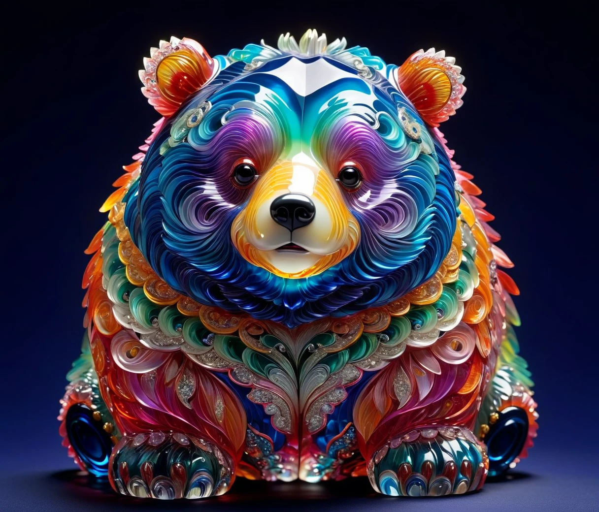 gl4ssj3m, (cute, Obese, male, bear), A detailed and vibrant transparent glass sculpture, in a fantastical landscape with vibrant colors and intricate details, done by artists such as Ruan Jia, (((indigo background))) 