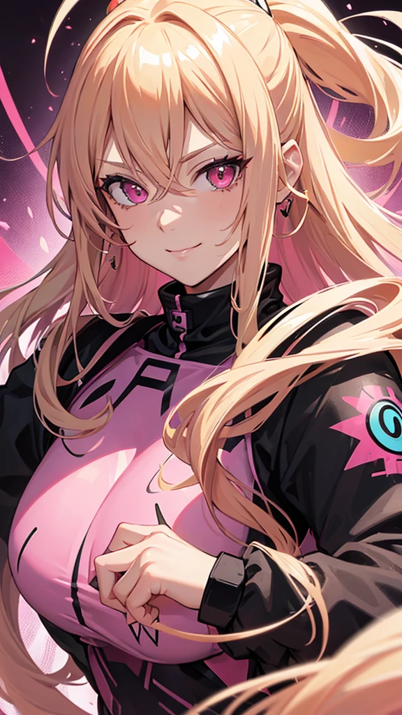 (((Adult woman))), pink eyes, long blonde hair, black-pink plug suit, smirk