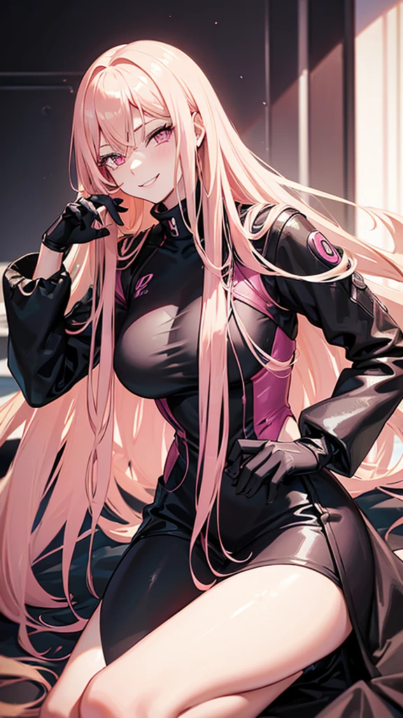 (((Adult woman))), pink eyes, long blonde hair, black-pink plug suit, smirk