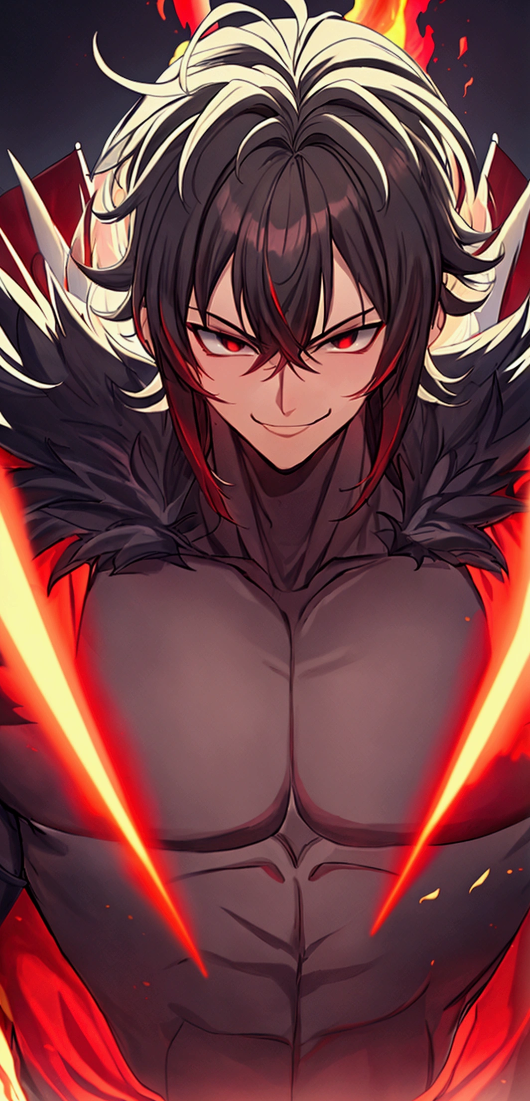 ((masterpiece, Best Quality)),(complex light), 1 chico,Alone,Upper part of the body, goku black suit, black and red GI,black fur,black eyes, destroyed rubble background,affected smile, fire, lively fur, normal hair, in goku's fur