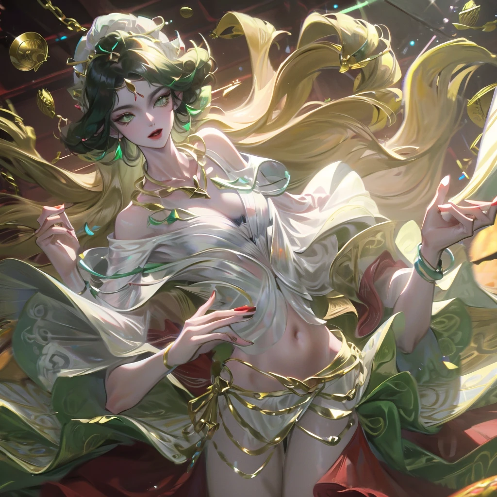 A gypsy with green eyes and black hair, White top with gold medal and red skirt with ruffles, Shell necklace.