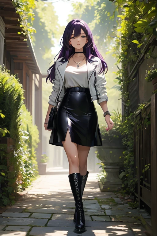 ((masterpiece, best quality, ultra-detailed)), 1girl, beautiful woman walking through a garden, white leather jacket, necklace, bracelet, black midi pencil skirt, long black skirt, leather boots, full body, long purple hair, tree, leaves, summer