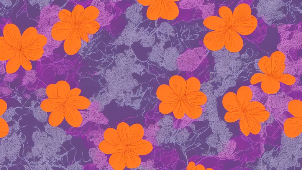 Abstract Flow lines design, horizontal, Dark violet background, metallic gray flowers with glowing orange outline at petal's borders.