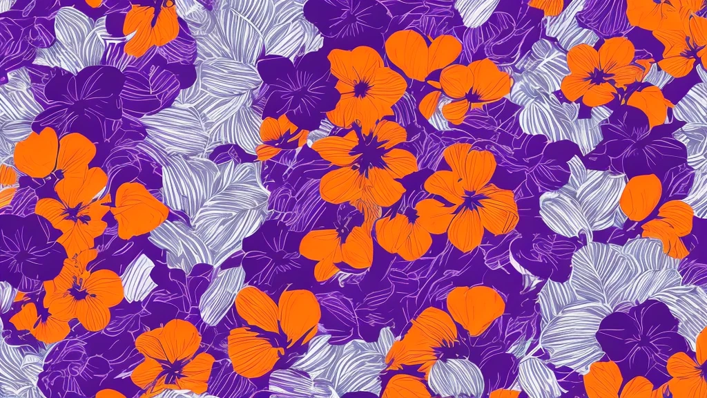 Abstract Flow lines design, horizontal, Dark violet background, metallic gray flowers with glowing orange outline at petal's borders.