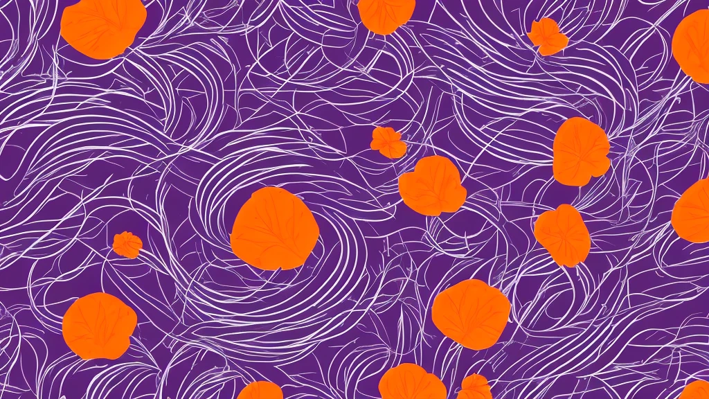 Abstract Flow lines design, horizontal, Dark violet background, metallic gray flowers with glowing orange outline at petal's borders.