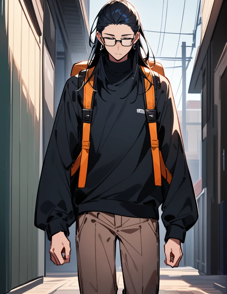 16-year-old teenage boy, long black shoulder-length hair, wearing a dark blue and prescription glasses, wearing silver earrings, with a backpack, walking alone and with his head down