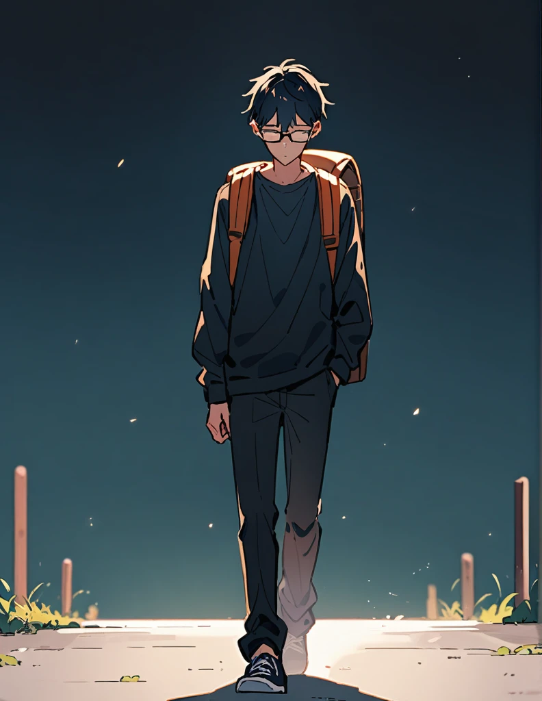 16-year-old age boy, long black shoulder-length hair, wearing a dark blue  and prescription glasses, wearing silver earrings, with a backpack, walking alone and with his head down