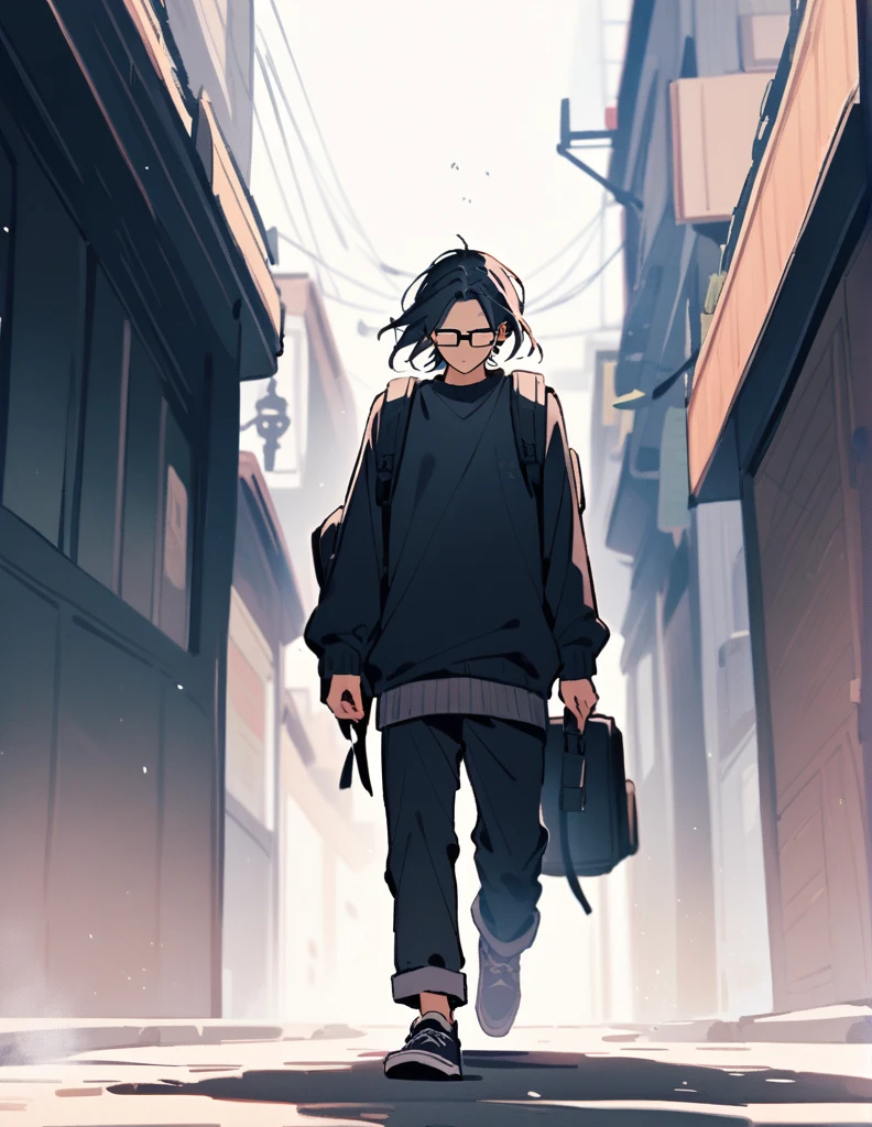 16-year-old teenage boy, long black shoulder-length hair, wearing a dark blue and prescription glasses, wearing silver earrings, with a backpack, walking alone and with his head down
