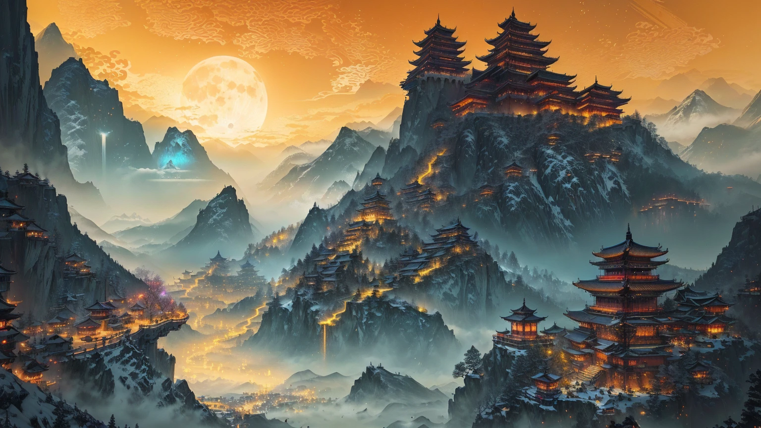 arafed view of a mountain with a pagoda and a full moon, cyberpunk chinese ancient castle, 4k highly detailed digital art, beautiful art uhd 4 k, 8k stunning artwork, 3840x2160, 3840 x 2160, 8k high quality detailed art, concept art wallpaper 4k