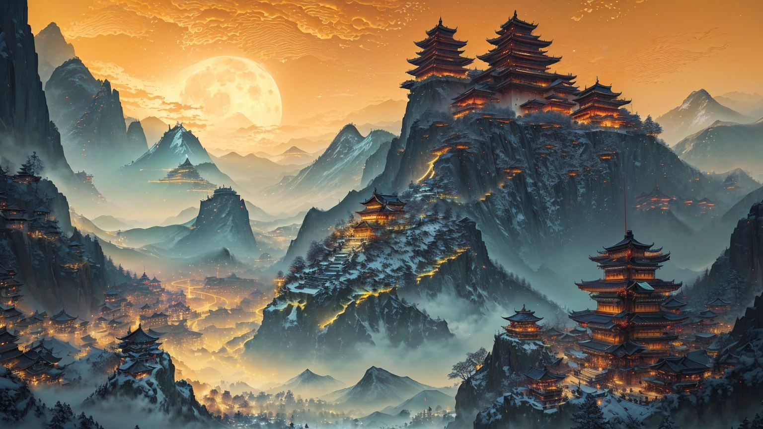 arafed view of a mountain with a pagoda and a full moon, cyberpunk chinese ancient castle, 4k highly detailed digital art, beautiful art uhd 4 k, 8k stunning artwork, 3840x2160, 3840 x 2160, 8k high quality detailed art, concept art wallpaper 4k