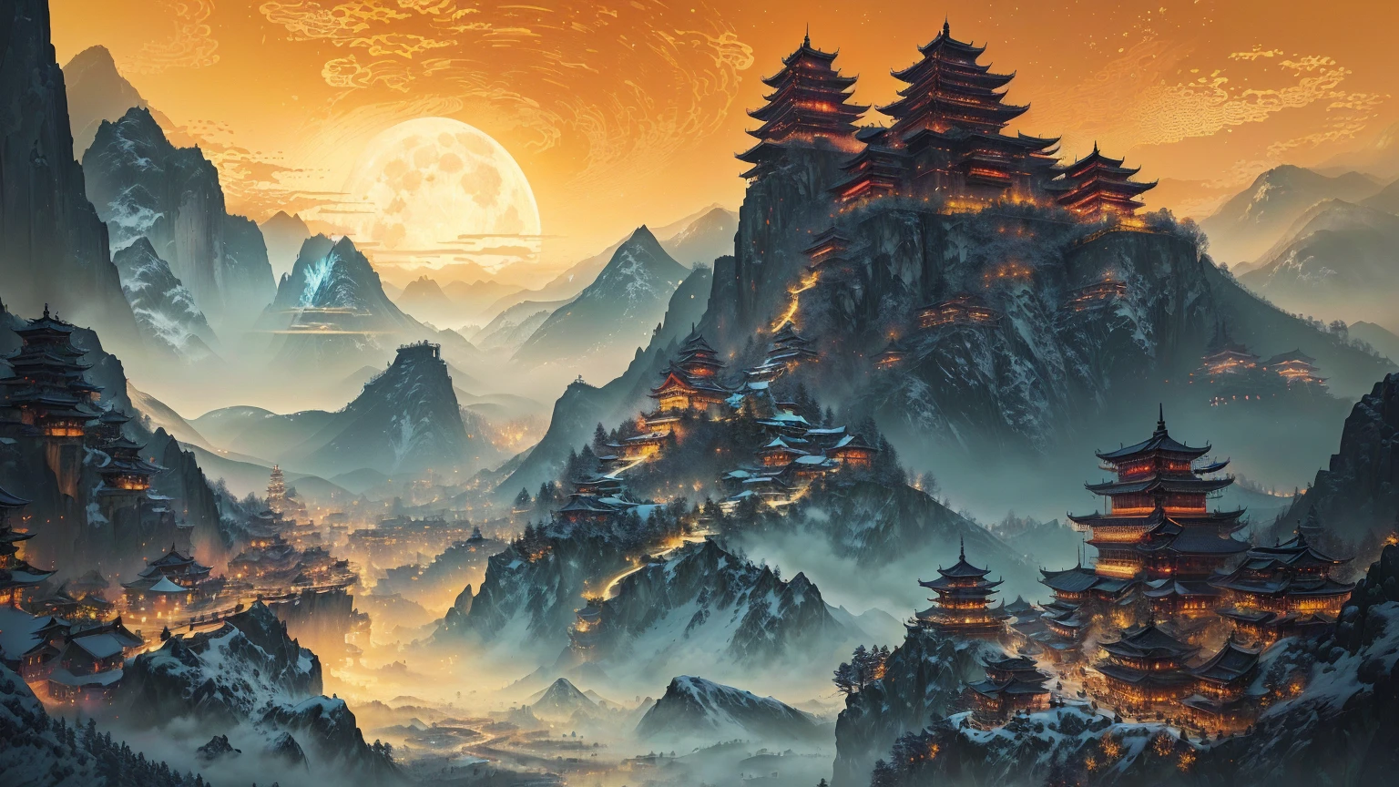 arafed view of a mountain with a pagoda and a full moon, cyberpunk chinese ancient castle, 4k highly detailed digital art, beautiful art uhd 4 k, 8k stunning artwork, 3840x2160, 3840 x 2160, 8k high quality detailed art, concept art wallpaper 4k
