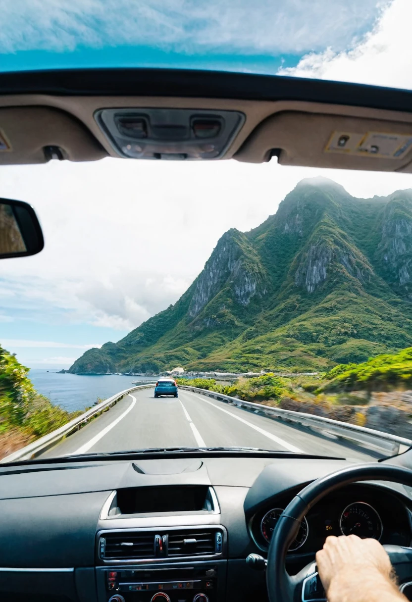 a pov of man driving a car looking out the window. a beautiful mountain and sea background