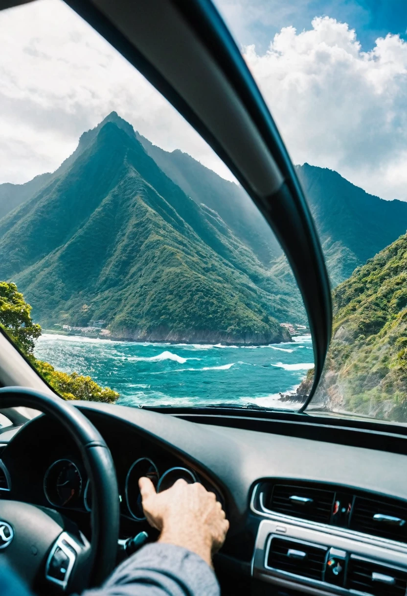 a pov of man driving a car looking out the window. a beautiful mountain and sea background​