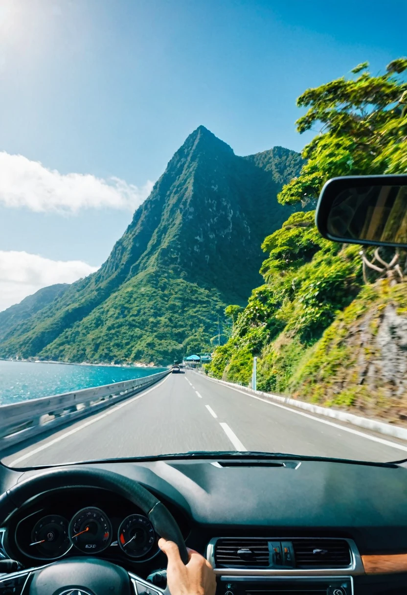 a pov of man driving a car looking out the window. a beautiful mountain and sea background​
