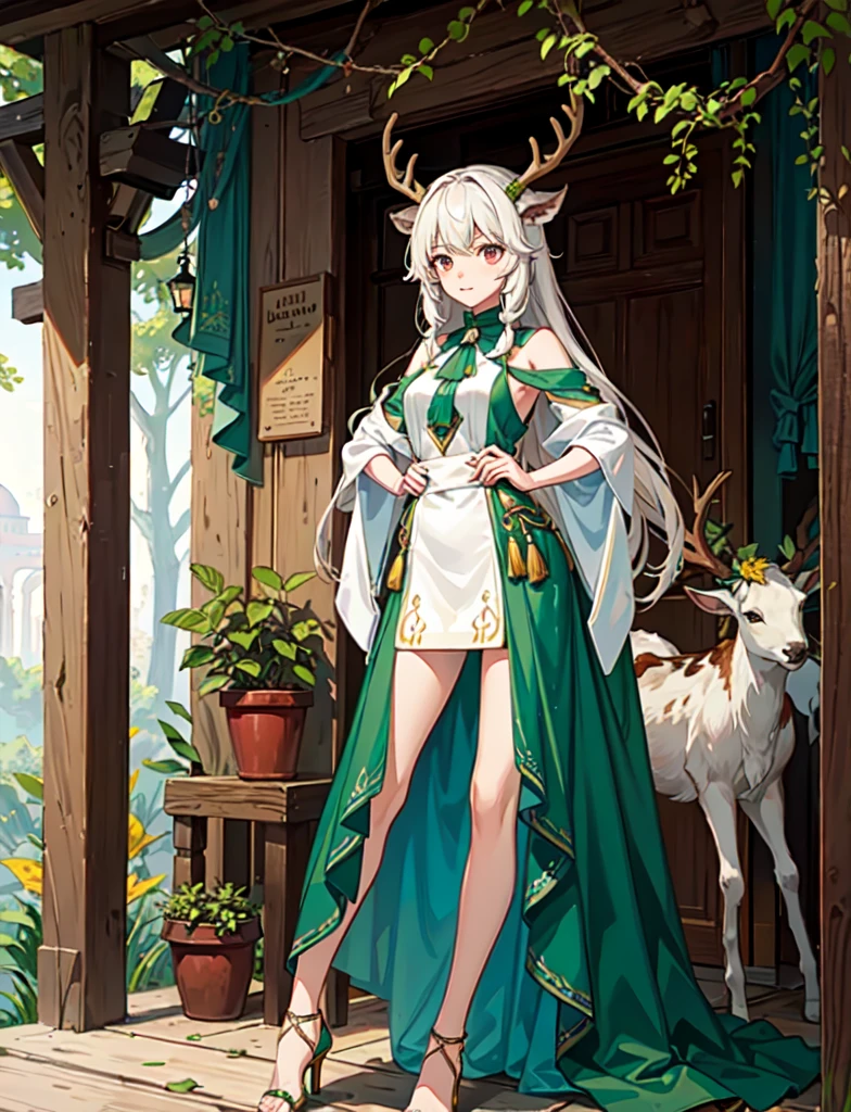 Human half deer, faunesa, arch of leaves, clothes made out of leaves, goat legs