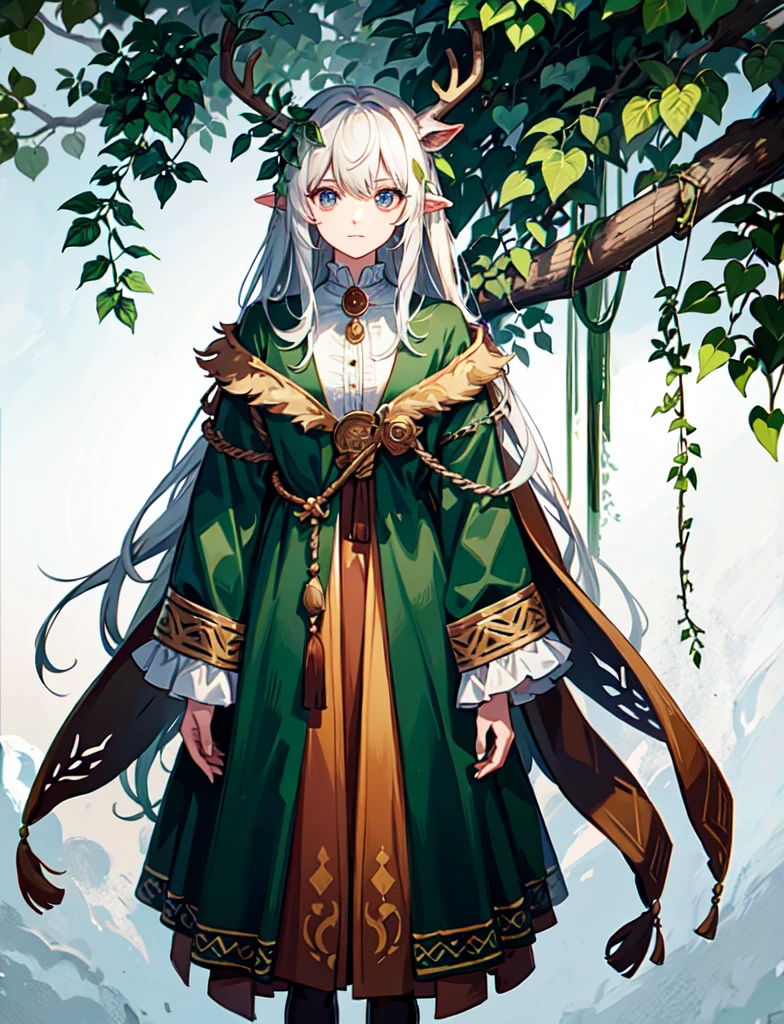 Human half deer, faunesa, arch of leaves, clothes made out of leaves, goat legs