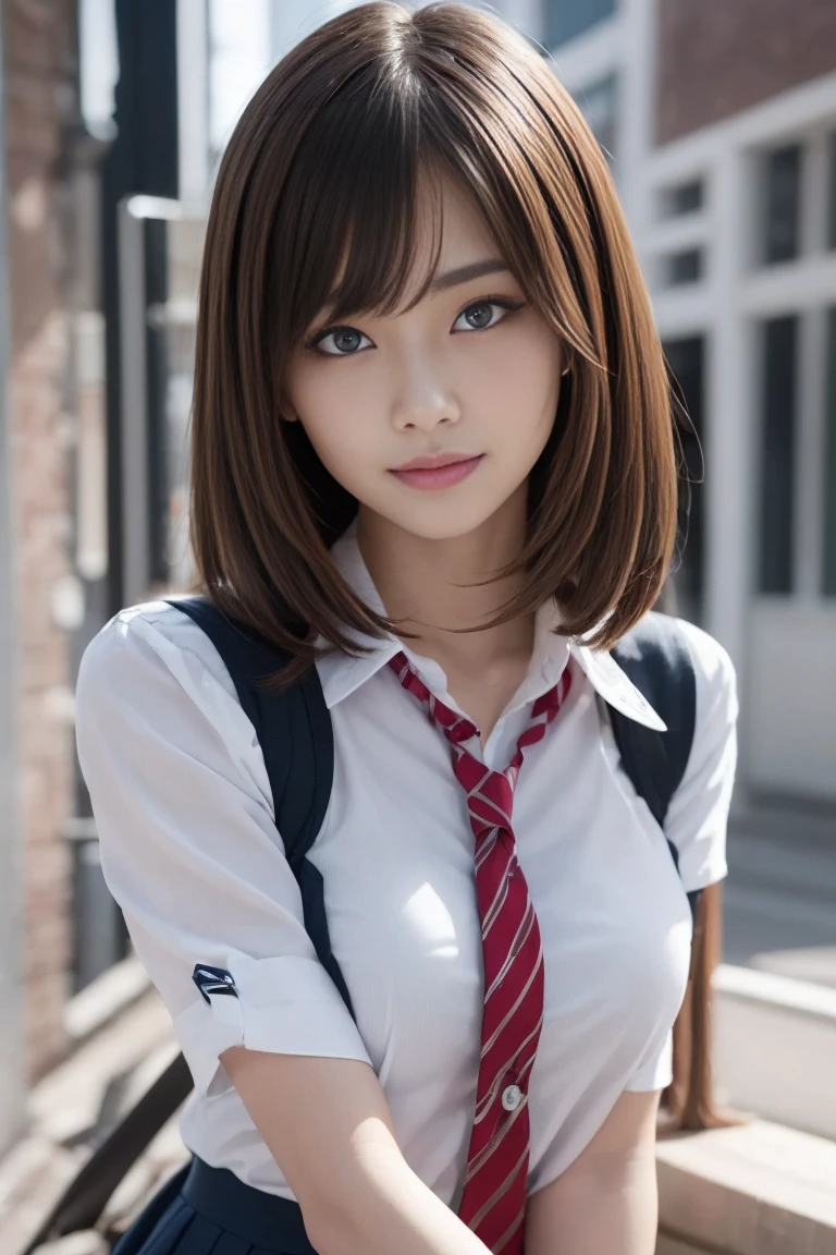 8k,Highest quality, Tabletop, Very detailed, 超High resolution, Realistic, RAW Photos, Absurd, Absolute Resolution, 1 girl, Upper Body Shot, Looking at the audience,Young and beautiful Japan woman, Very cute face, Gorgeous appearance, ,Long Bob Hair,smile,(school uniform:1.3),Beautiful Eyes,(the wind is strong:1.3), 混雑した道をsmileで歩く,Glossy Lips, Double eyelids on both eyes, Natural Makeup, Long eyelashes, 艶やかで滑らかなライトブラウンのLong Bob Hair, Asymmetrical bangs, Glowing Skin, Center image, High resolution, Attention to detail, Detailed hairstyle, Detailed face, Great cinema lighting, Octane Rendering, Vibrant, Surreal, Perfect limbs, Perfect Anatomy, (Torn clothes:1.3),