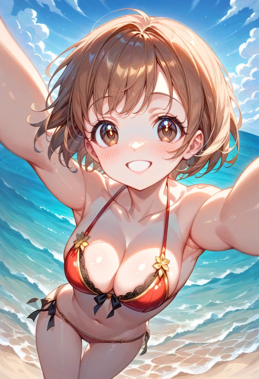 NS-FW(1.3),gorgeous,a cutegirl, anime, best quality, extremely,detailed,masterpiece,cleavage,perm,dark moca hair, Short bob,8K, best quality, ultra detailed, extremely CG illustration, brown eyes,upward glance, (beautiful detailed eyes:1.1), 1girl, shiny hair, happy, shine pupil, cute face, soft smile, smiling, kawaii, strong woman, cleavage, (young,18 years old),(Without bikini),beautiful sea, beautiful sky,from above, looking up,Show your armpits,