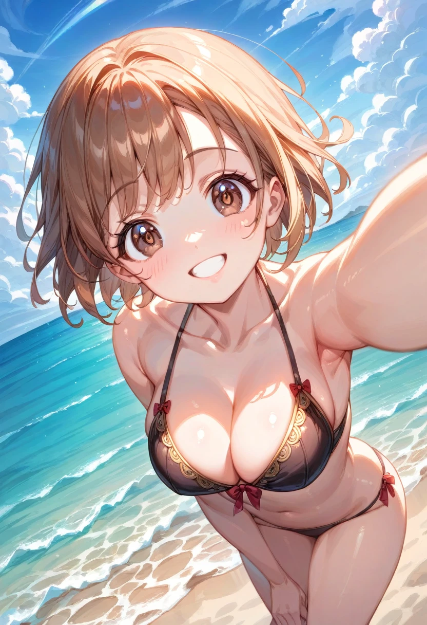 NS-FW(1.3),gorgeous,a cutegirl, anime, best quality, extremely,detailed,masterpiece,cleavage,perm,dark moca hair, Short bob,8K, best quality, ultra detailed, extremely CG illustration, brown eyes,upward glance, (beautiful detailed eyes:1.1), 1girl, shiny hair, happy, shine pupil, cute face, soft smile, smiling, kawaii, strong woman, cleavage, (young,18 years old),(Without bikini),beautiful sea, beautiful sky,from above, looking up,Show your armpits,