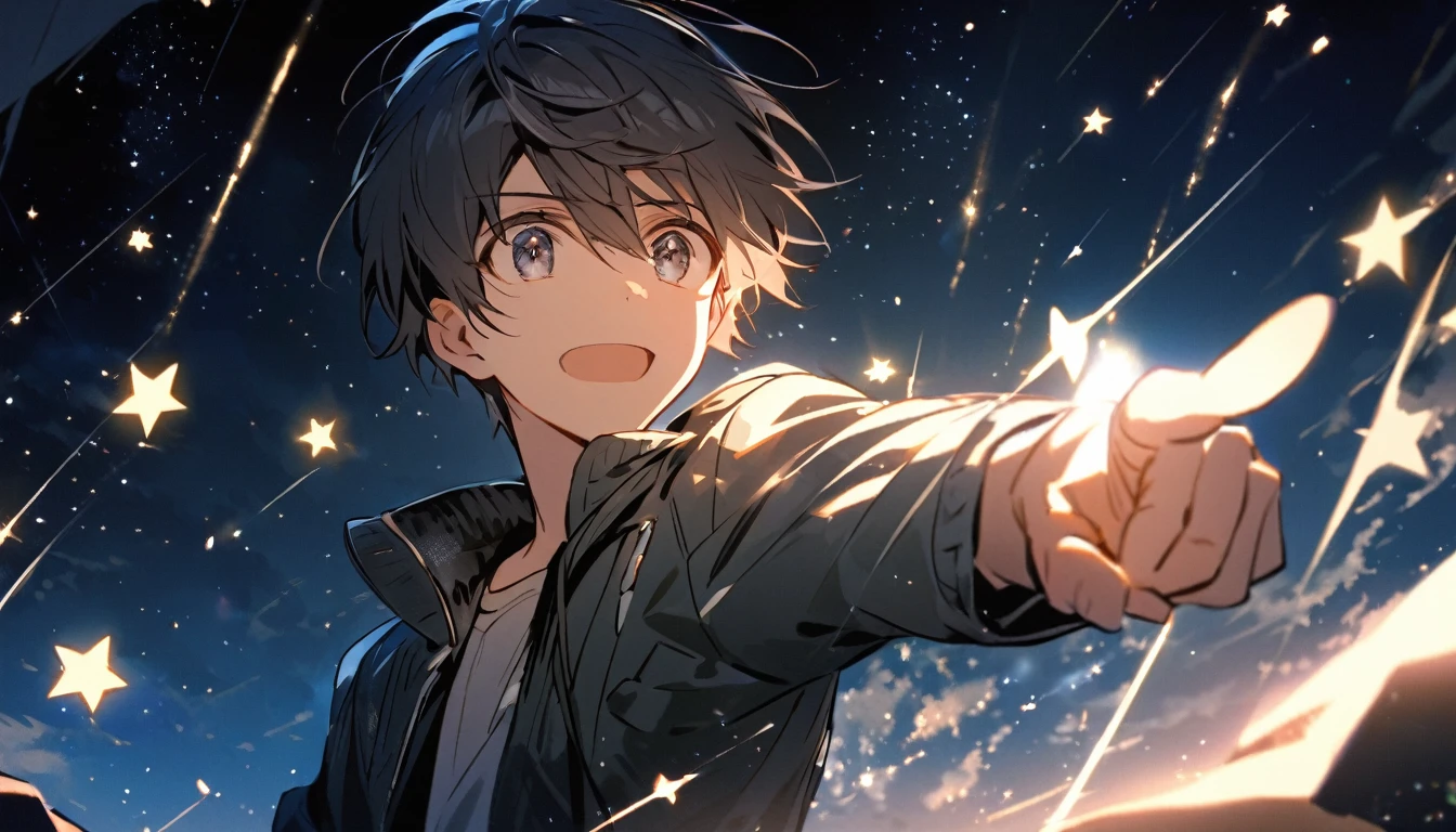 The scene shows an 18-year-old boy in a jacket reaching out his hand and pointing at a bright star in the sky. The star represents the hope that lies within him, and his expression is full of determination. In the background, the night sky is visible, with faint lights scattered all around him.