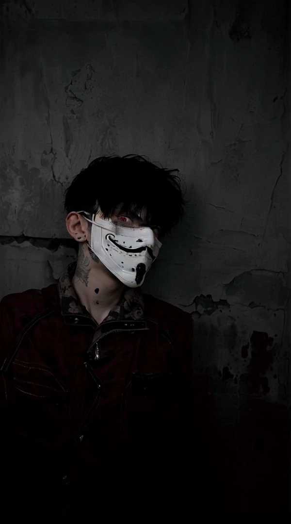 arafed man wearing a mask with a creepy face, twisted god with no face, darkwave goth aesthetic, anonymous mask, anonymous, masked person in corner, in an alleyway during the purge, creepy aesthetic, broken mask, pale white face, dark academia aesthetic, photo of scp-173, bladee from drain gang, scary look, horror aesthetic