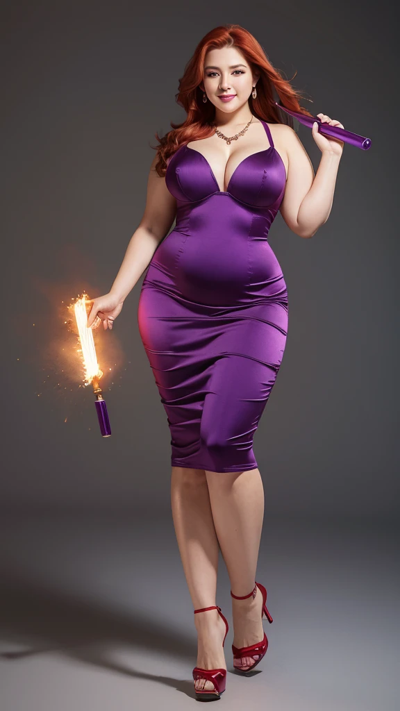 Masterpiece, Best Quality, Ultra HD, Highest Resolution, 32K Quality, Dynamic, (Obese: 1.2), (Super Curvy: 1.5), Korean Female, (Long Red Hair Slicked Back), Smiling, Purple Strapless One-Piece Dress, Teardrop Earrings and Necklace, Holding a Baton as Long as Her Height, Holding an Amulet, Purple High Heels, Full Body Shot, (Fire Background),