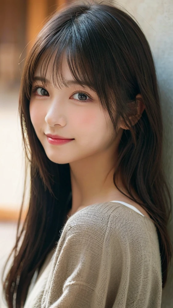(Highest quality:1.3)、Natural color lips、Cute Smile、Japanese women、、Beautiful and exquisiteな顔、Perfect and beautiful face、Beautiful and exquisite、Big eyes、Brunette's eyes、Beautiful and exquisiteな顔、Perfect and beautiful double eyelids、Natural Bangs、Beautiful and thin nose、Beautiful Skin、Black natural hair、Long Hair、Natural Bangs、Perfect and beautiful face、Slim face and figure、、Shoulder-length layers、Asymmetrical bangs、Japanese Idols、膝までのアングル