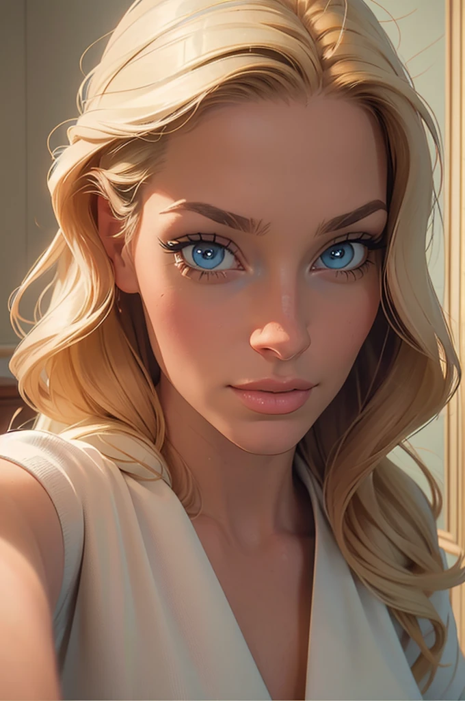 blond hair, blue eyes, young woman taking selfie in her room, beautiful detailed eyes, beautiful detailed lips, extremely detailed face, long eyelashes, natural lighting, warm color tones, soft, dreamy, aesthetic, (best quality,4k,8k,highres,masterpiece:1.2),ultra-detailed,(realistic,photorealistic,photo-realistic:1.37),room interior, comfortable, cozy, minimalist style, selfie, portrait mode, shallow depth of field