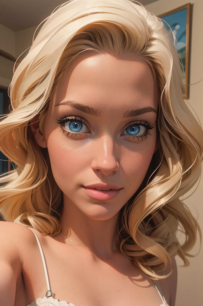 blond hair, blue eyes, young woman taking selfie in her room, beautiful detailed eyes, beautiful detailed lips, extremely detailed face, long eyelashes, natural lighting, warm color tones, soft, dreamy, aesthetic, (best quality,4k,8k,highres,masterpiece:1.2),ultra-detailed,(realistic,photorealistic,photo-realistic:1.37),room interior, comfortable, cozy, minimalist style, selfie, portrait mode, shallow depth of field