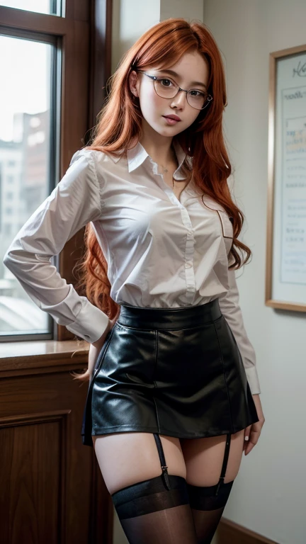 A sexy girl student redhead using a sexy uniform with short skirts and a garter belt, glasses, long curly hair 