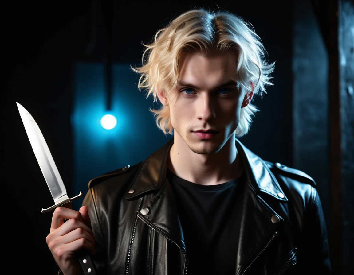 Hyper realistic, dark vibes, solo, young man, facing camera, 21 years, pale skin, model (skinny:1.2), blue eyes, (short wavy textured blond hair:1.2), side swept fringe, black leather jacket, holding sharp knife, dark lighting, background (night BDSM club:1.2), foreboding, sexy, attractive, demon, incubus, evil, dark, sadistic expression (smirk:1.1), (red neon sign that says "CONTEXT":1.1)