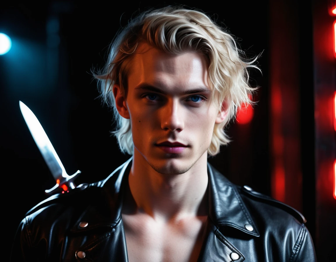 Hyper realistic, dark vibes, solo, young man, facing camera, 21 years, pale skin, model (skinny:1.2), blue eyes, (short wavy textured blond hair:1.2), side swept fringe, black leather jacket, holding sharp knife, dark lighting, background (night BDSM club:1.2), foreboding, sexy, attractive, demon, incubus, evil, dark, sadistic expression (smirk:1.1), (red neon sign that says "CONTEXT":1.1)