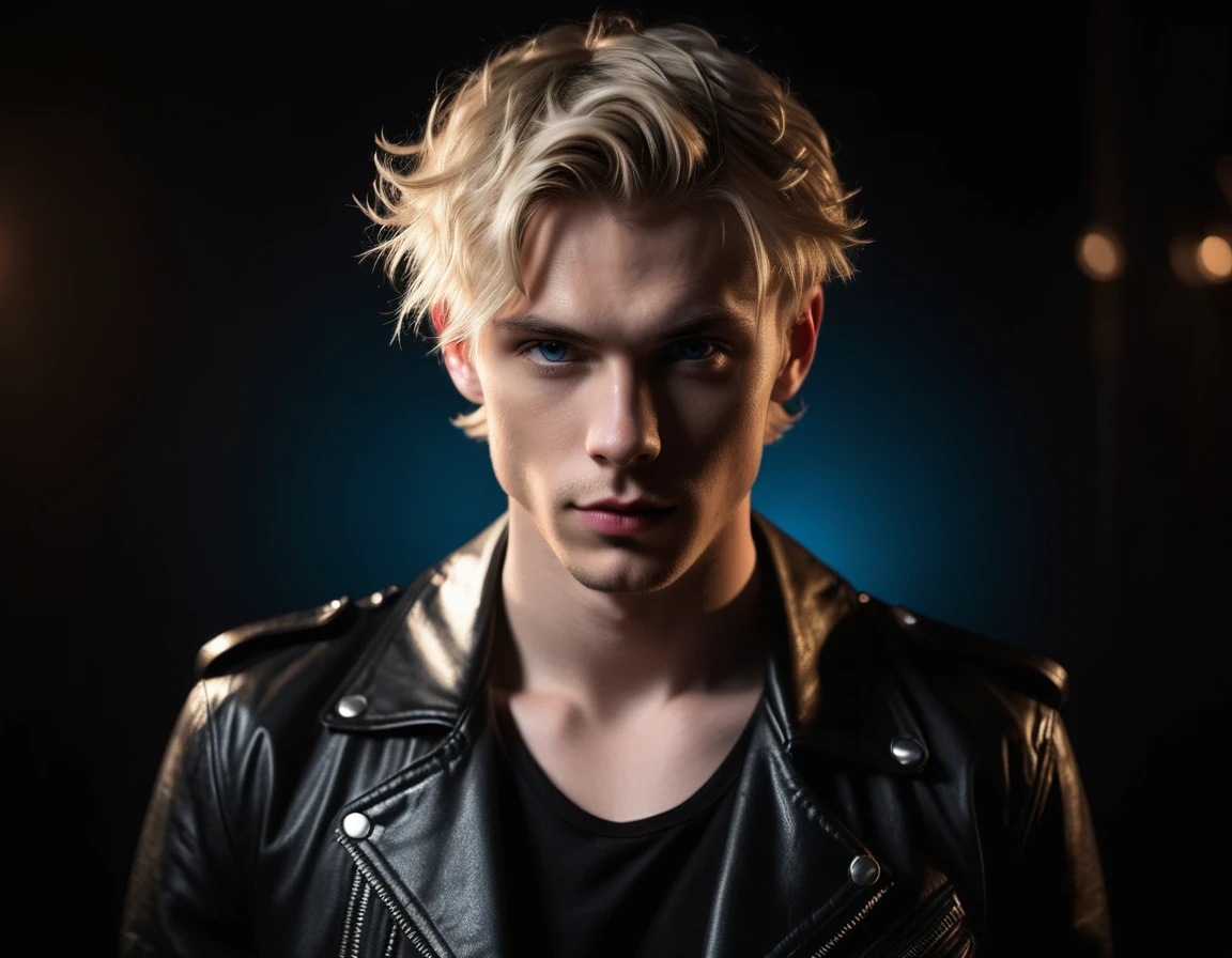 Hyper realistic, dark vibes, solo, young man, facing camera, 21 years, pale skin, model (skinny:1.2), blue eyes, (short wavy textured blond hair:1.2), side swept fringe, black leather jacket, holding sharp knife, dark lighting, background (night BDSM club:1.2), foreboding, sexy, attractive, demon, incubus, evil, dark, sadistic expression (smirk:1.1), (red neon sign that says "CONTEXT":1.1)