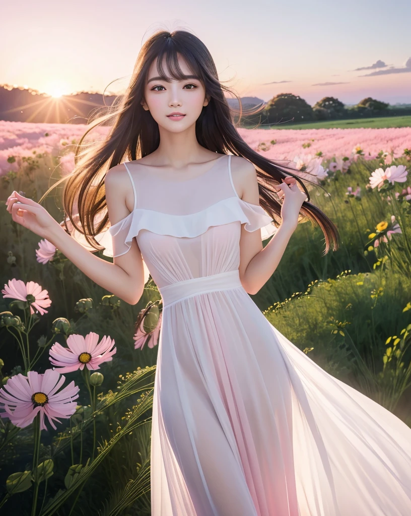 (Highest quality), (32K), (High resolution:1.5), (Masterpiece:1.5), marimo_jet, ((Face Focus:1.3)), Beautiful face in every detail, god々A photograph with brilliant dazzling and healing power., Evoking a sense of calm and elusive beauty, Expressing emotions, Have a rich imagination, A flower field that stretches to the horizon, Nostalgic scenery of youth, Beautiful Japanese Girls, An exceptionally beautiful face, Small Face Beauty, Perfect Human Anatomy, Magical big eyes, Motherhood and generosity, Deep Love, A fleeting smile, Shiny black hair, Beautiful long hair swaying in the wind, Asymmetrical bangs, Hair between the eyes, Transparent, soft white skin, Sharp eyebrows, Thin lashes, Natural Makeup, Cheek highlighter, Pale pink detailed lips, (White dress:1.4), ((Cosmos fields stretching to the horizon:1.3)), ((Pink Sky:1.3)), Beautifully detailed skies, ((Shining in the morning sunlight)), Professional photographer, Professional Lighting, Professional models, god秘的