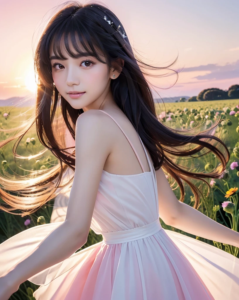 (Highest quality), (32K), (High resolution:1.5), (Masterpiece:1.5), marimo_jet, ((Face Focus:1.3)), Beautiful face in every detail, god々A photograph with brilliant dazzling and healing power., Evoking a sense of calm and elusive beauty, Expressing emotions, Have a rich imagination, A flower field that stretches to the horizon, Nostalgic scenery of youth, Beautiful Japanese Girls, An exceptionally beautiful face, Small Face Beauty, Perfect Human Anatomy, Magical big eyes, Motherhood and generosity, Deep Love, A fleeting smile, Shiny black hair, Beautiful long hair swaying in the wind, Asymmetrical bangs, Hair between the eyes, Transparent, soft white skin, Sharp eyebrows, Thin lashes, Natural Makeup, Cheek highlighter, Pale pink detailed lips, (White dress:1.4), ((Cosmos fields stretching to the horizon:1.3)), ((Pink Sky:1.3)), Beautifully detailed skies, ((Shining in the morning sunlight)), Professional photographer, Professional Lighting, Professional models, god秘的