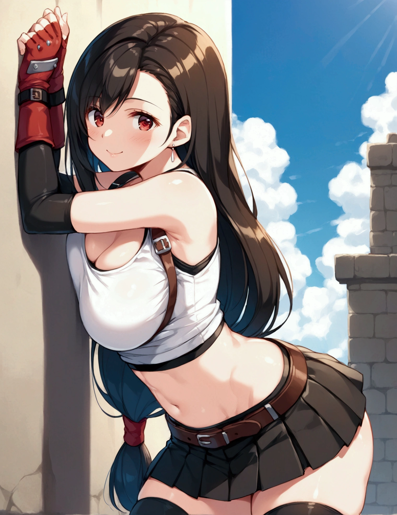 (score_9
score_8_up
score_7_up
score_6_up
score_5_up
score_4_up
source_anime),,BREAK , ,straight-on,,breast view, breast press,,standing,leaning on wall.. upperbody,,Solo ,1girl, tifa lockhart, final fantasy, tareme,black hair, low-tied long hair, red eyes, bangs, (white tank top, belt, pleated skirt, thighhighs, elbow fingerless gloves, elbow pads, midriff, navel,suspender skirt) ,(large_breast),(light smile),sunsetscene,outdoor,(ultra detailed),(best quality),(aesthetic,very aesthetic),UHD,extremely detailed CG unity 8k wallpaper,depth of field,((illustration)),,detailed face and eyes and body,Shiny bare skin,