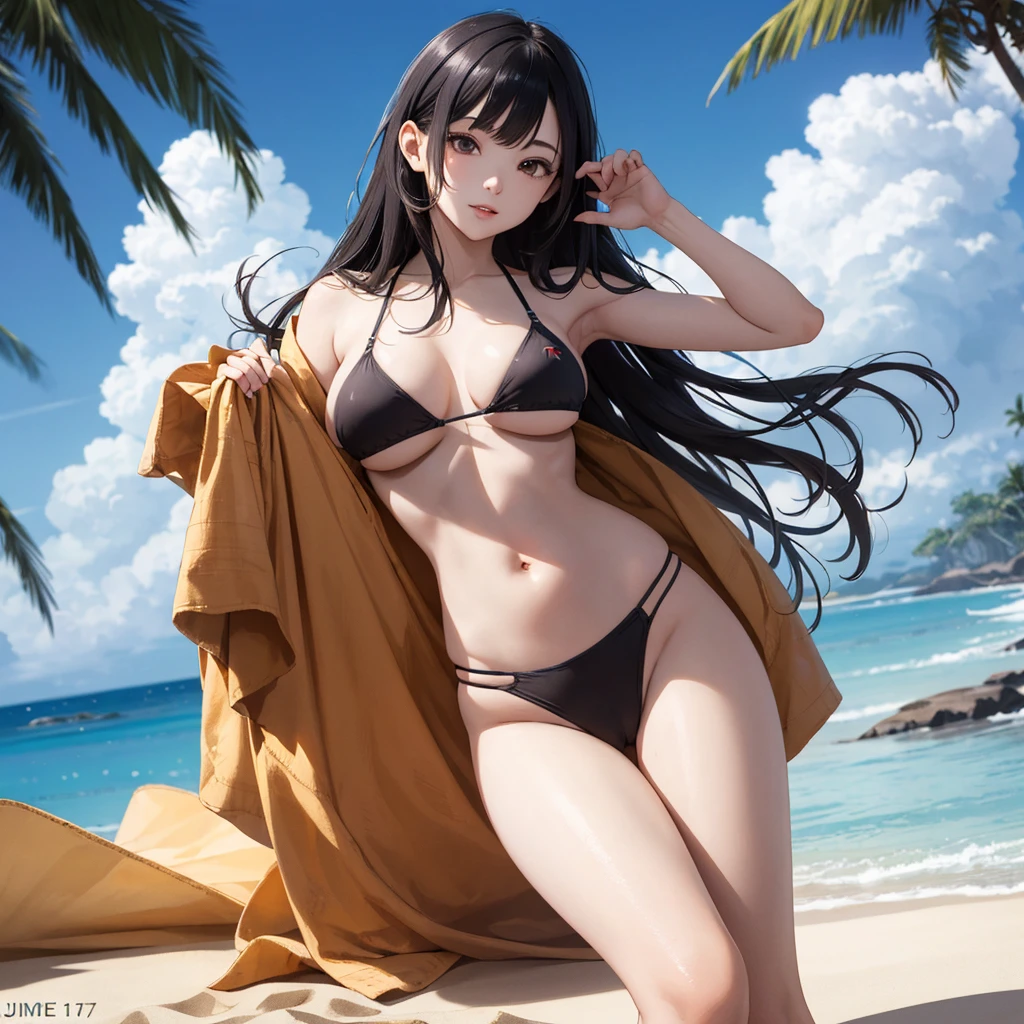 NSFW, (((Uncensored))), (((Clear picture))). high image quality, high resolution, 18 year old beautiful girl、shiny black hair、Hime cut、Brown eyes, dark eyebrows, J-cup huge 、172cm tall、tightened waist,、red bikini, sexy po Sandy Beach、Blue sky