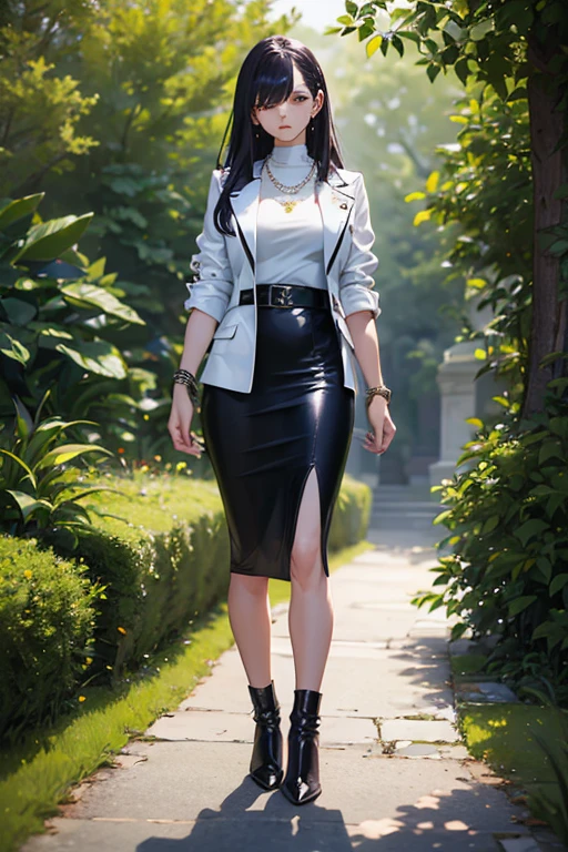 ((masterpiece, best quality, ultra-detailed)), 1girl, beautiful woman walking through a garden, white leather jacket, necklace, bracelet, black midi pencil skirt, long black skirt, leather boots, full body, long purple hair, tree, leaves, summer