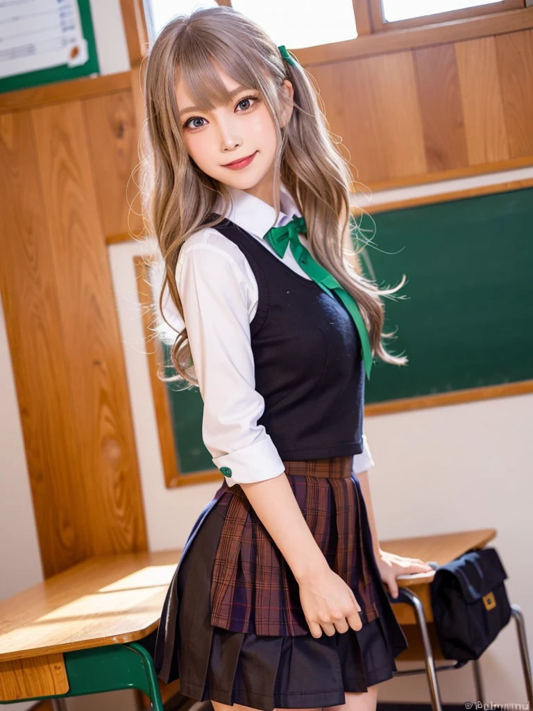 1girl, solo,(best quality),(masterpiece:1.1), (school uniform:1.4), dynamic angle, upper body, looking_at_viewer, platinum brown hair, green eyes, smile, dress, neck_ribbon, cute, clear facial skin,