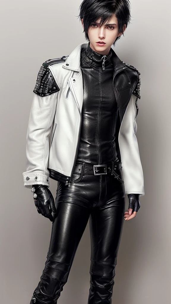 Final fantasy taste and reality graphics, ((Japanese young cute and cool ikemen  boy)), his age is early 20s, thin eyebrows and beady eyes,  ((he wearing off white color leather  thick and heavy material jacket)), ((jacket is singlebrest)), ((biker style jacket)), ((jacket is large size)),((with epaulet)), ((jacket is long sleeve)), ((zipped front of the leather jacket)), , ((voluminous leather jacket)), ,((must jacket is high length and stand-up collar)) ((jacket collar with two belts)), ((jacket is a little black color line pattern)), ((also wearing black thick material turtleneck lackluster shirts)),  ((tight black leather pants)),  ((put black leather tight and thin glove on both hands)), ((black leather knee-high raceup boots)),((must views  head-to-toe)),((must views whole body)), ,((Do not show skin from the neck down)),leather jacket leather glove and leather pants have few wrinkles, Avoid showing your innerwear,zip up jacket fastner.must put on a leather glove.
Boy is black hair.boy looks like fashion model.

