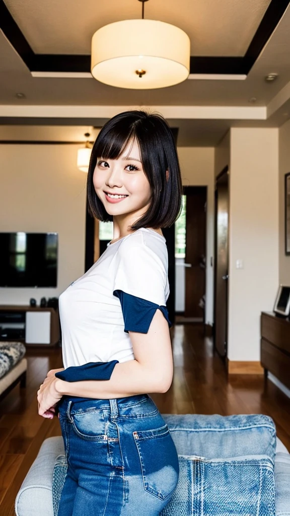 （8k、Raw photography、Highest quality、masterpiece：1.2),(Black-haired、short hair:1.8),(:1.4)、View your viewers,Front view,White skin,(Light blue loose shirt:1.6)、(Tight waist:1.6)、(Clothes that accentuate the shape of the breasts:1.0)、(Big Breasts :1.4)、Slim figure、Ultra-high resolution,beautiful,beautiful fece,whole bodyボディー,Japanese women,（reality的：1.37）、Photon Mapping,reality、(Baby-faced and cute: 1.4)、(Cute Smile: 1.8)、(Round face: 1.8)、Radio City、Physically Based Rendering、Depth of field rally background、photograph, (I can see your knees、Thigh close-up),whole body、Great quality