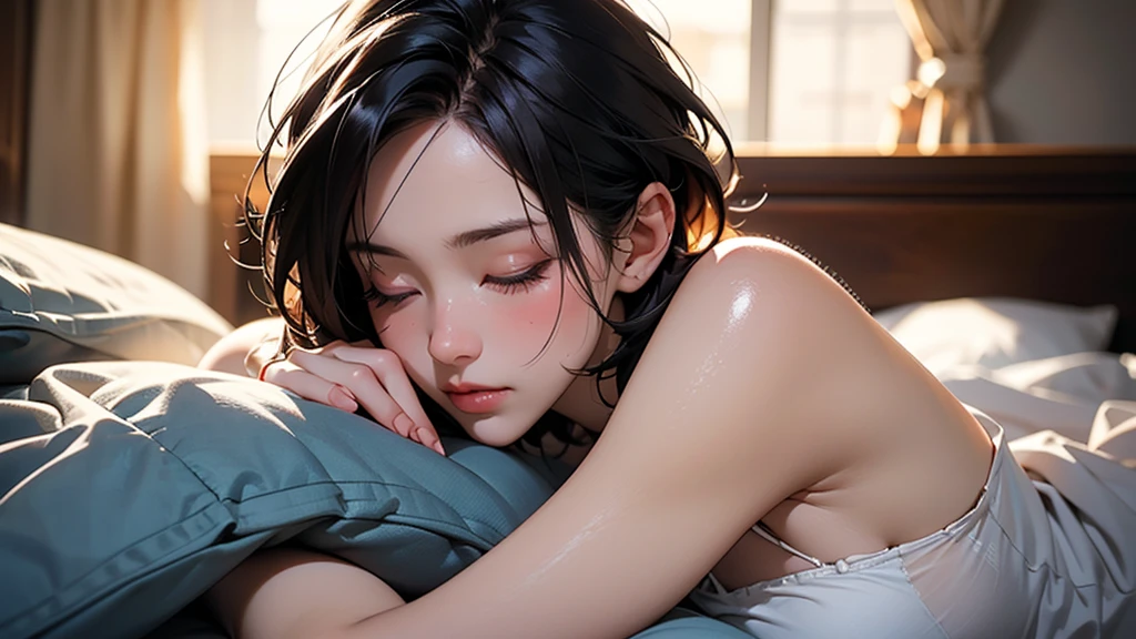 1 girl, Highest quality, masterpiece, Ultra-high resolution, (Realistic:1.4), RAW Photos, 1 girl, short hair, See-through spaghetti strap shirt, Cinema Lighting, Half Body Portrait, Half Body Shot, Bedroom, Naked but covered with a blanket, Shortcuts, capricious lighting, Enchanting atmosphere, Bokeh, Dreamy decor, capricious lighting, Enchanting atmosphere, Sleepy face, close your eyes, Lying on the futon, Hug with a pillow, Drooling
