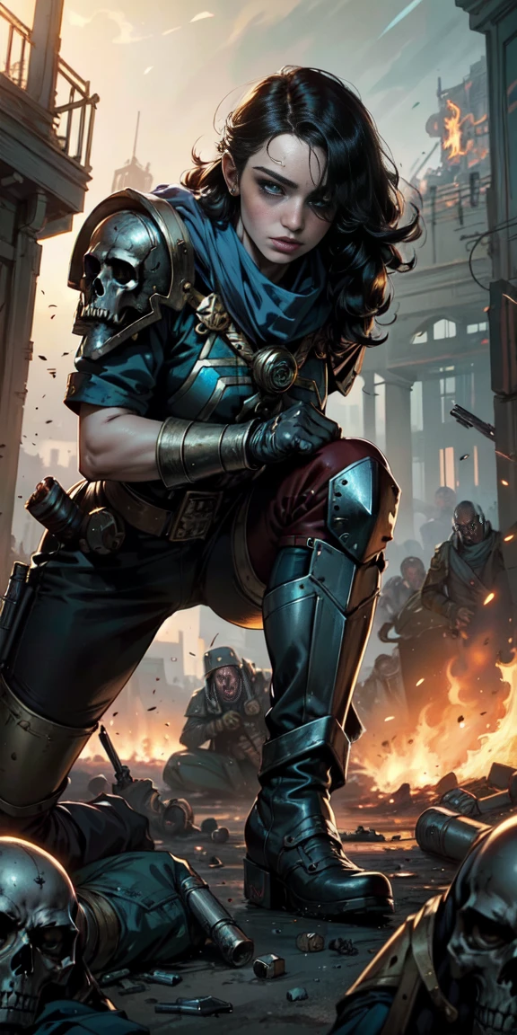 (masterpiece:1.2), (Best Quality:1.2), Perfect eyes, perfect face, perfect lighting, 1 girl, Sororitas mature whore with bolt pistol in hands, scar over one eye, eye patch, by white, skulls on the ground, Warhammer 40K, chaos, fire, Science fiction, Detailed battlefield background