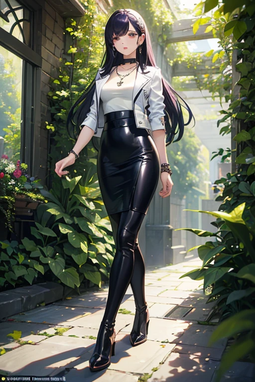 ((masterpiece, best quality)), 1girl, beautiful woman walking through a garden, white leather jacket, necklace, bracelet, black midi pencil skirt, long black skirt, leather boots, full body, long purple hair, tree, leaves, summer