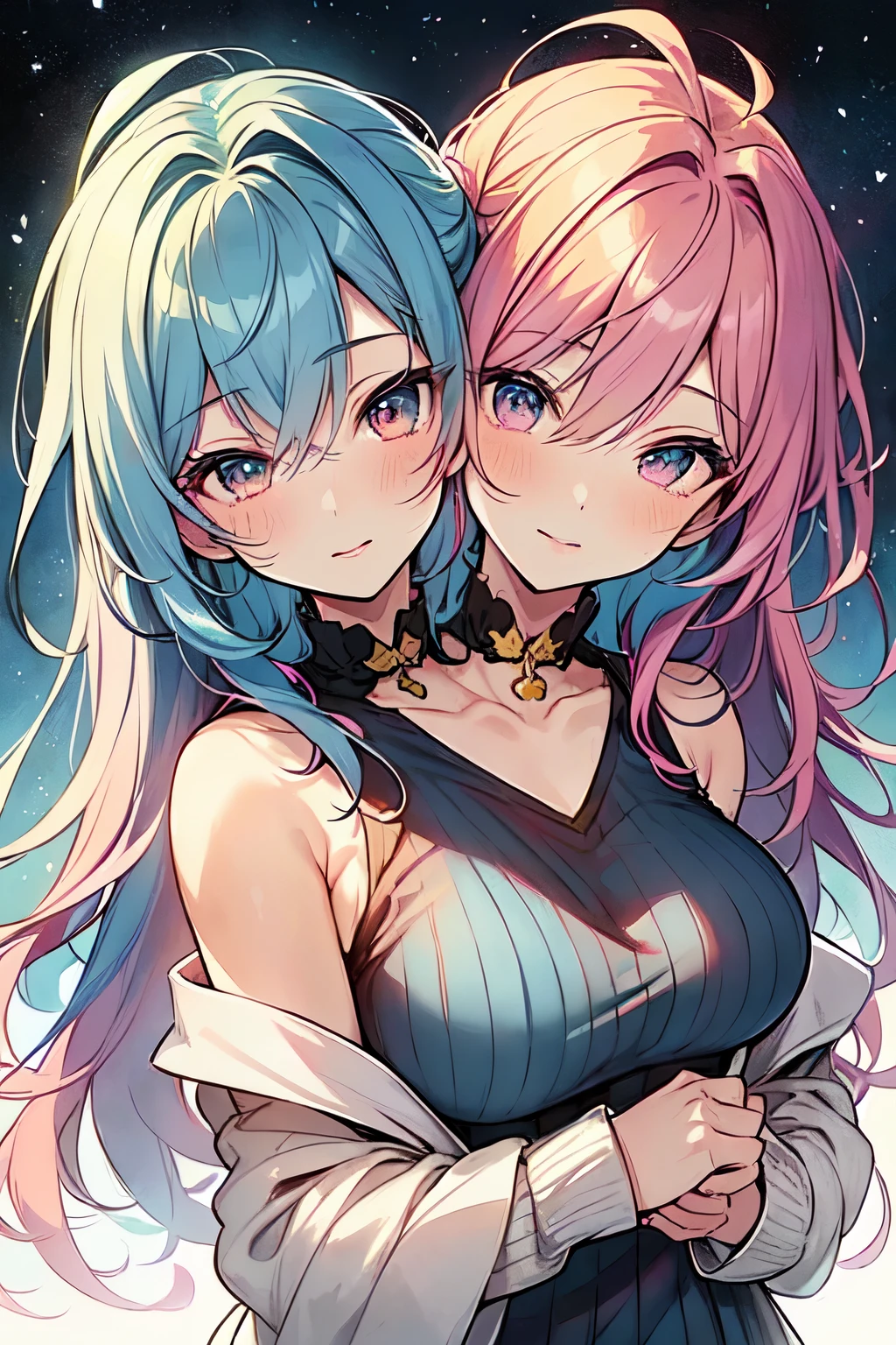 (2heads:1.2), conjoined dicephalus, (masterpiece, highest quality, highest quality,watercolor (Moderate),Official Art, beautifully、aesthetic:1.2),(1 girl:1.3), (Fractal Art:1.3),Upper Body, From the side, Looking at the audience,pattern,(Rainbow Hair,colorful hair,Half blue、half pink hair:1.2),water,liquid, cloud,colorful, Starry Sky,performer,