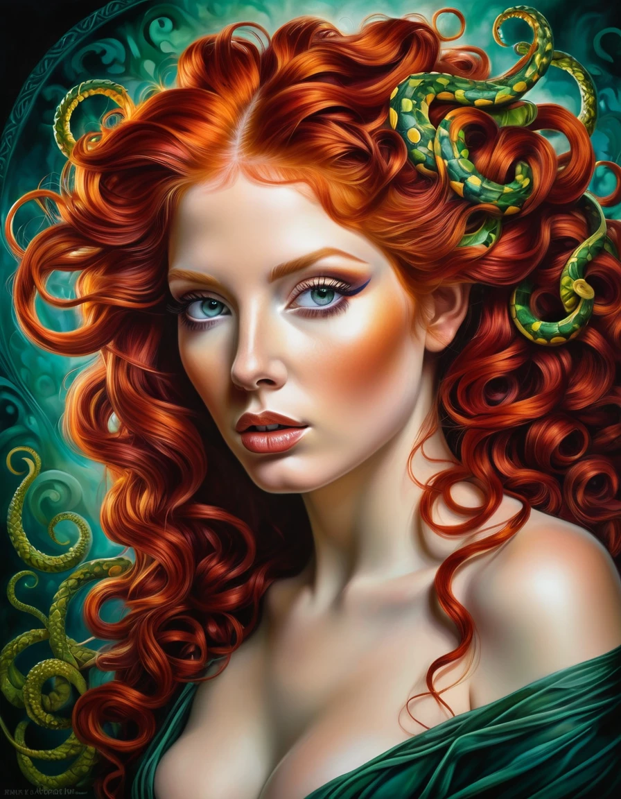 A digital painting of a woman with red hair and a pale face, executed in vibrant colors, airbrush techniques on canvas, depicting a stunning and attractive Medusa portrait, showcasing insanely detailed airbrush artistry, reminiscent of baroque acrylic painting styles, vivid, ultra-realistic, perfect composition, award winning masterpiece