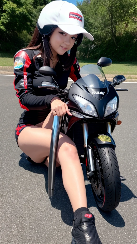 a very cute girl, riding superbike