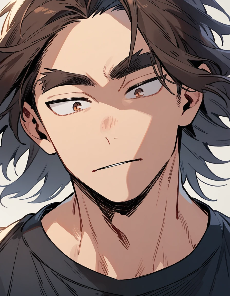 One boy, male focus, young, teen, boku no hero academia, Face portrait, Oval face, strong jaw and high cheekbones. Soft but marked features. Slightly almond-shaped eyes framed by long, straight eyelashes, deep gaze. Expression of concentration. Thick eyebrows. Dark brown hair, short and slightly messy. Carefree but careful style. masterpiece. best quality. very aesthetic. proportionally anatomical. Detailed illustration, medium close up portrait. Looking forward. Black t-shirt.
